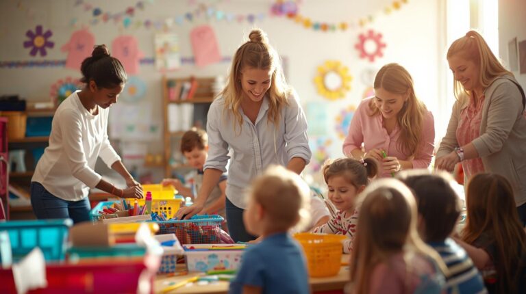 four smiling women in a classroom filled with children doing crafts
