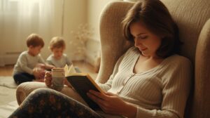 a mom reading a non-descript book while drinking coffee in a cozy chair with kids quietly playing in the background.