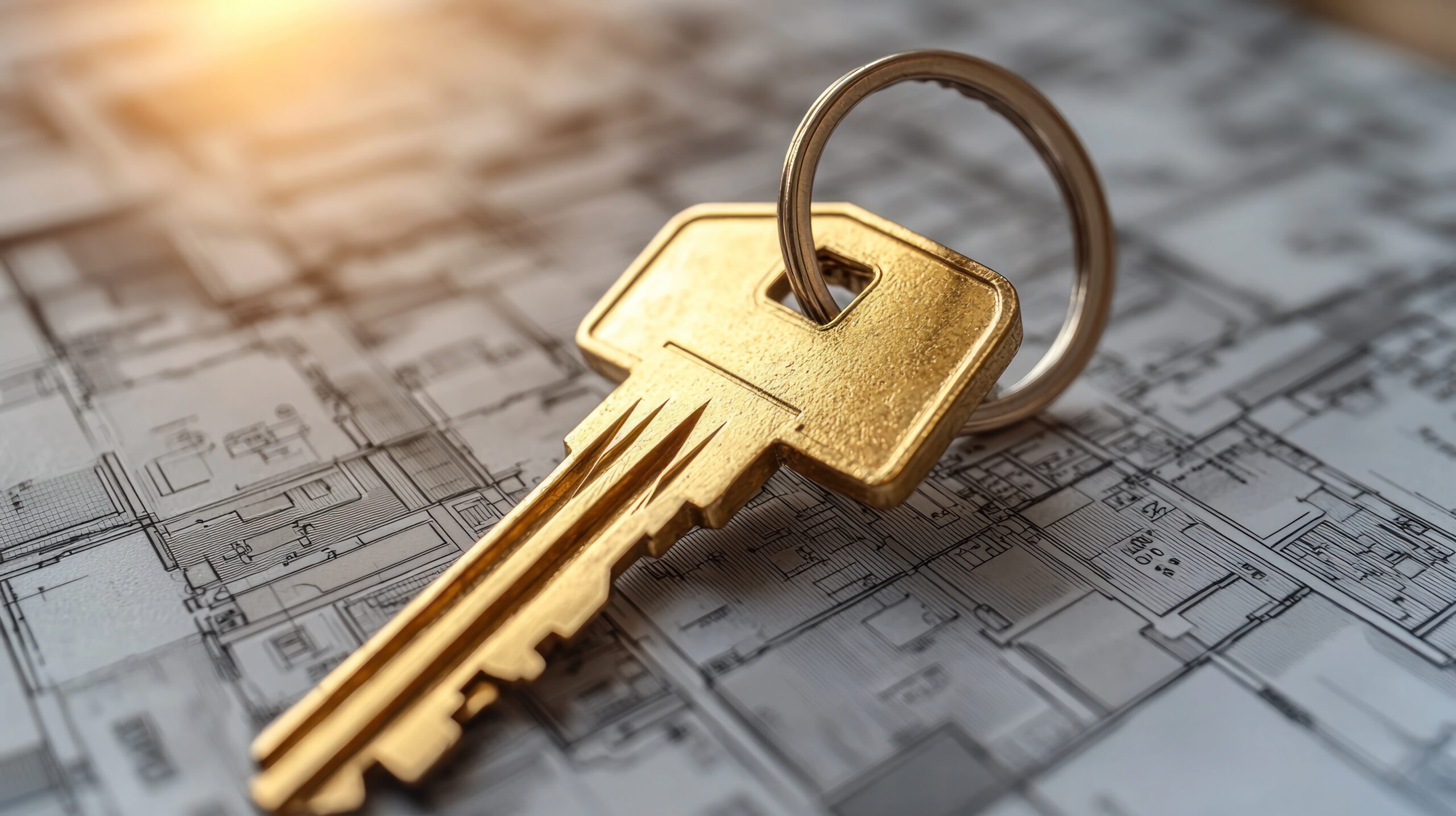 A golden key rests on house blueprints