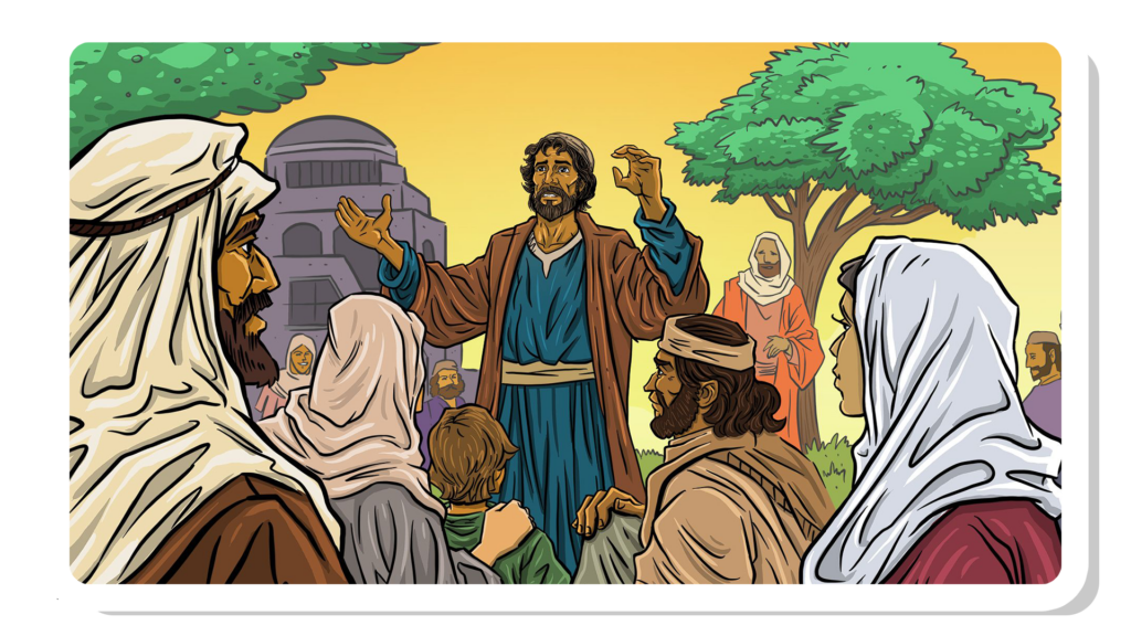 Professional illustration of Peter addressing the crowd in the Book of Acts from the New Testament. Teaching people about the love of Jesus. He's filled with the Holy Spirit and the love of God.