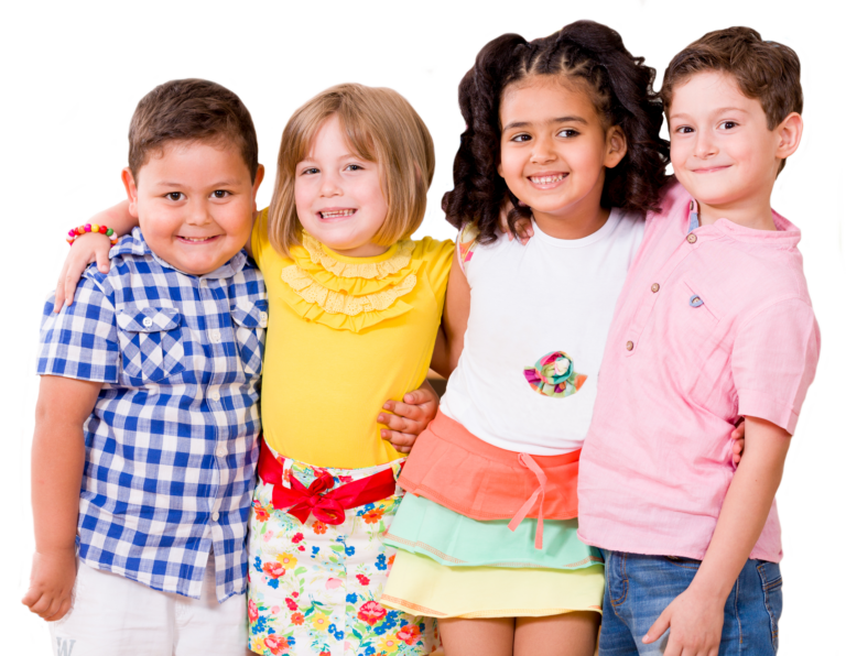 four smiling children with arms around each other happy for vbs